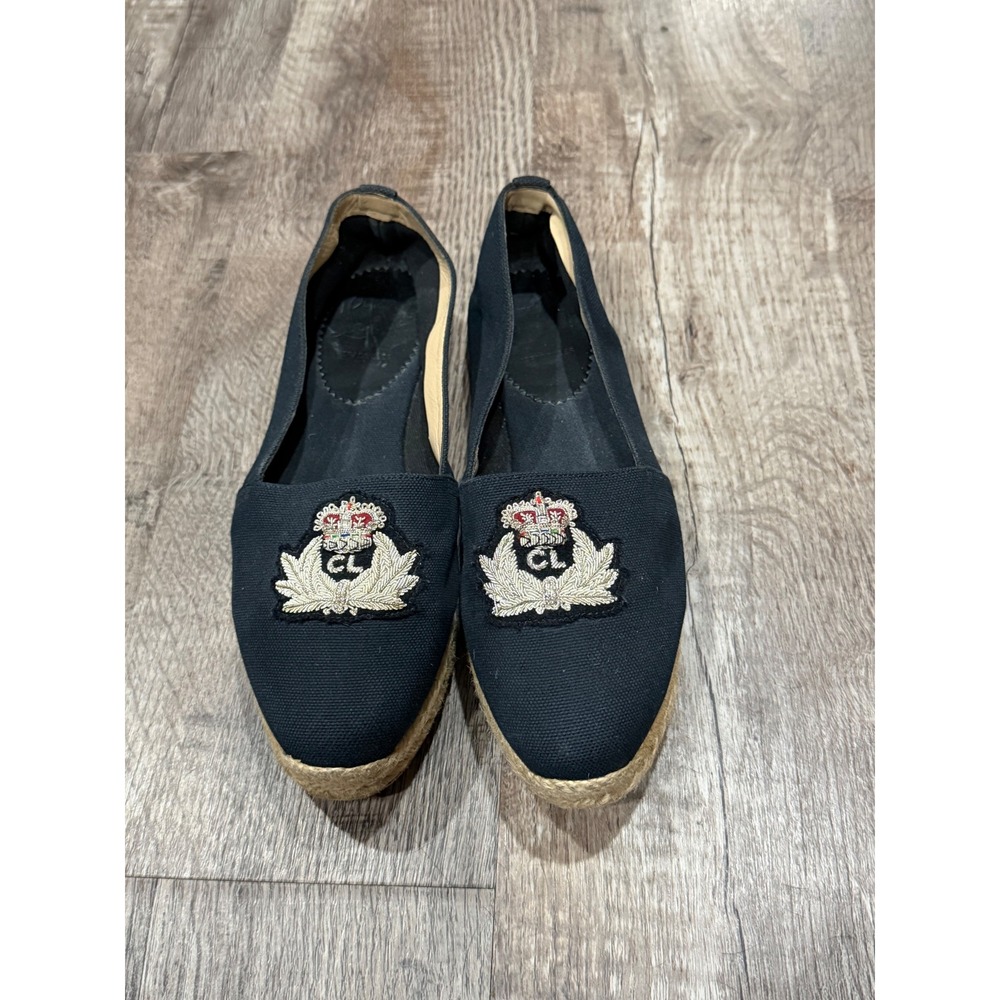 Christian Louboutin Black Canvas Crest Embroidered Espadrille Flats Red Bottoms